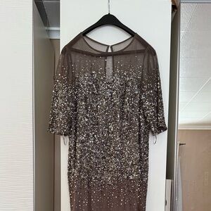 Adrianna Papell Glittering Long Sleeve Dress - Silver and Brown